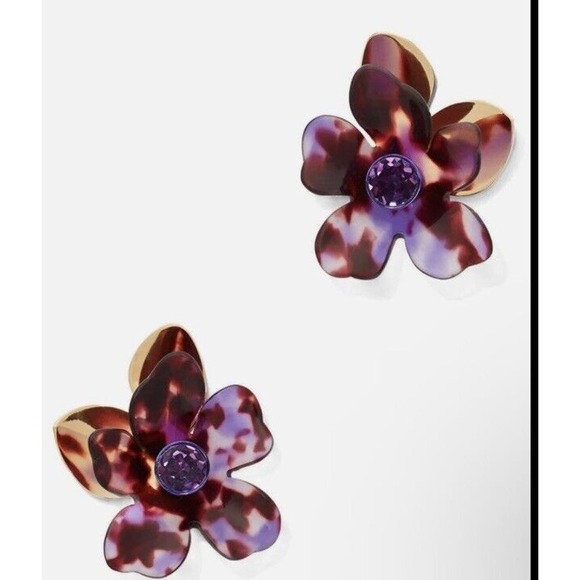 Kate Spade Large Purple Brown Floral PETAL PUSHER Gold Plated Statement Earring - Picture 2 of 15